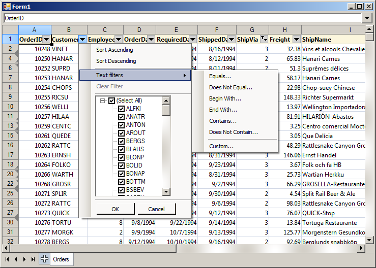 WinForms Spreadsheet: Auto filtering