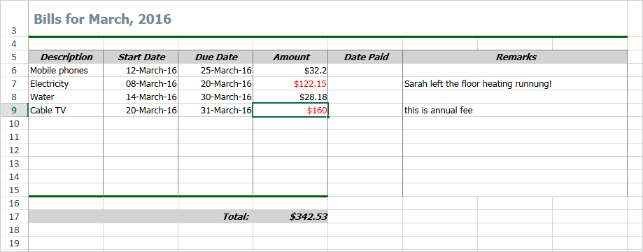 Spreadsheet for WPF Sample: Bills Template