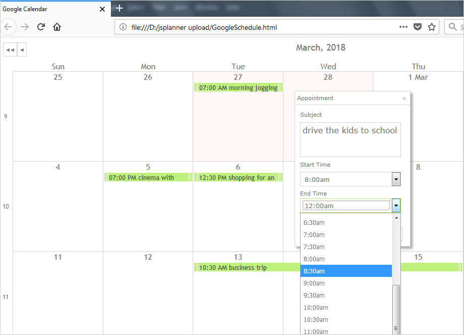 JavaScript Schedule That Mirrors the Google Calendar Features