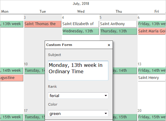 JavaScript Calendar with Holidays Data Loaded from a File
