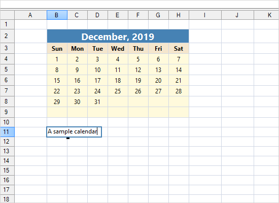 WinForms Spreadsheet Control: Sample Calendar in a WorkSheet